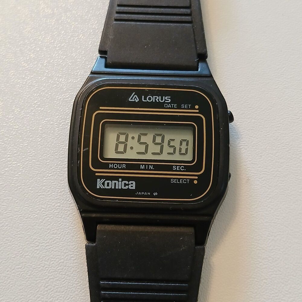 VTG 80s Lorus Konica Promo Digital Watch Black Resin Case V792-4040 Japan 31mm